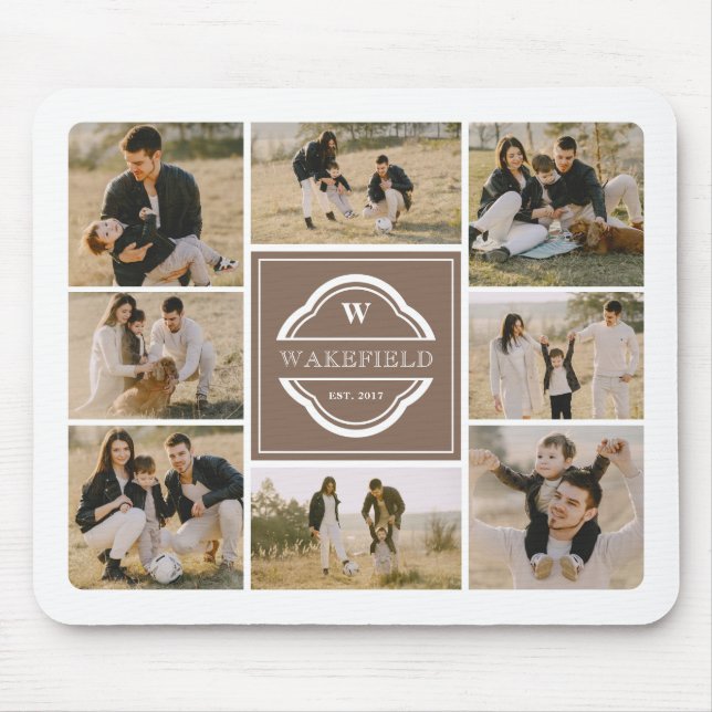Taupe White Monogram & Year Photo Collage Mouse Pad (Front)
