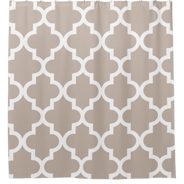 Taupe White Quatrefoil Pattern Shower Curtain (Front)