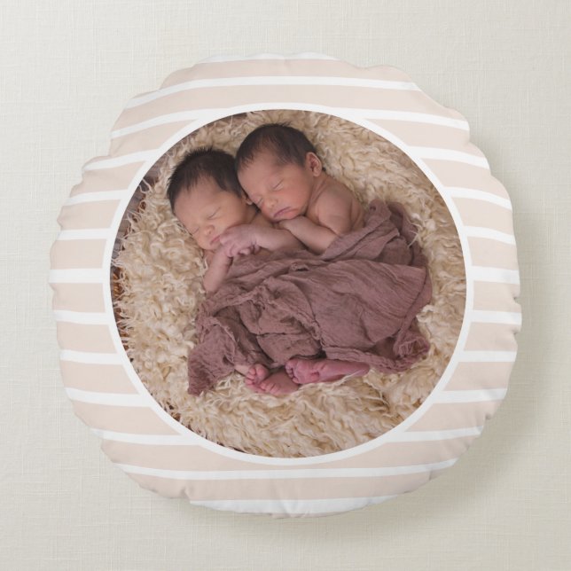Taupe & White Stripes Circle Family Photo & Name Round Cushion (Front)