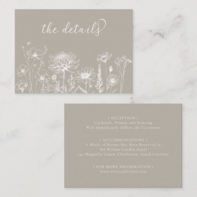 Taupe Wildflower Details Card Neutral Wedding  (Front/Back)