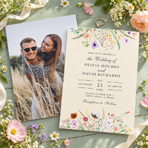 Taupe Wildflower Meadow Custom Photo Wedding Invitation