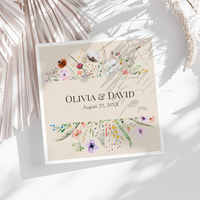 Taupe Wildflower Meadow Wedding Napkins (Taupe Wildflower Meadow Wedding Napkins on a sunny white table.)