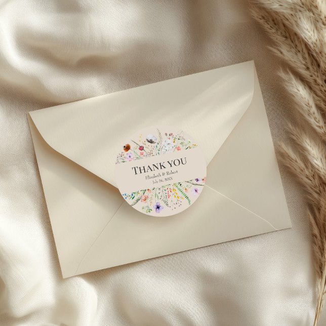 Taupe Wildflower Meadow Wedding Thank You Sticker (Taupe Wildflower Meadow Wedding Thank You Sticker on an elegant wedding envelope)