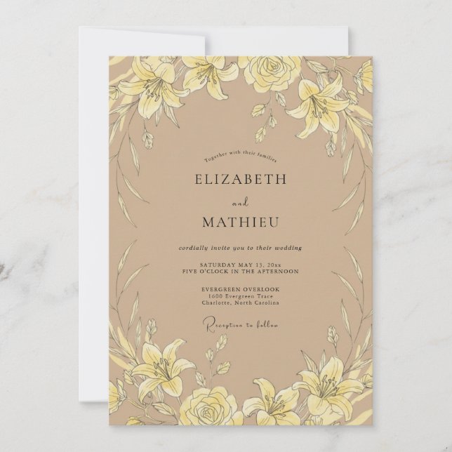 Taupe Yellow Lily Wedding Invitation (Front)