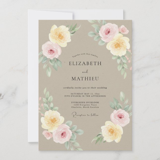 Taupe Yellow Peony Wedding Invitation (Front)