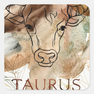 Taurus bull brown gold flowers planets astrology square sticker