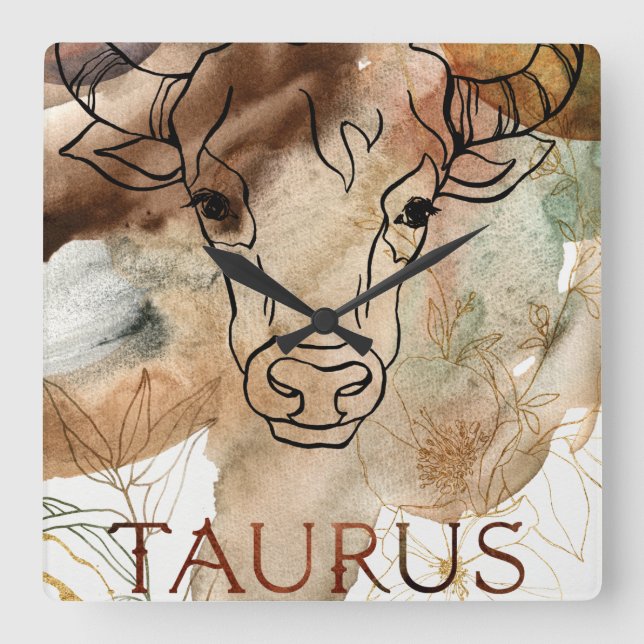 Taurus bull brown gold flowers planets astrology  square wall clock (Front)