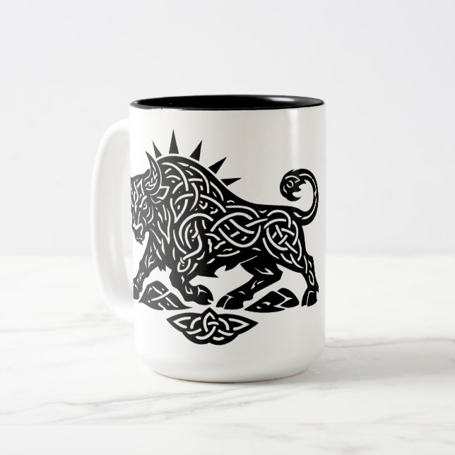 Taurus Bull Sigil — Earthbound Zodiac Inkwork Two-Tone Coffee Mug (Front Left)