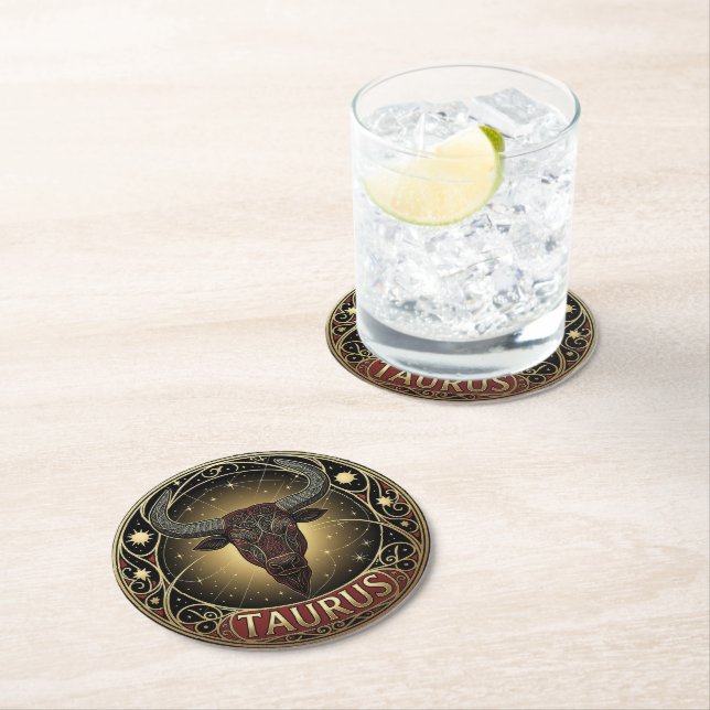 Taurus Bull Zodiac Symbol Round Paper Coaster (Insitu)