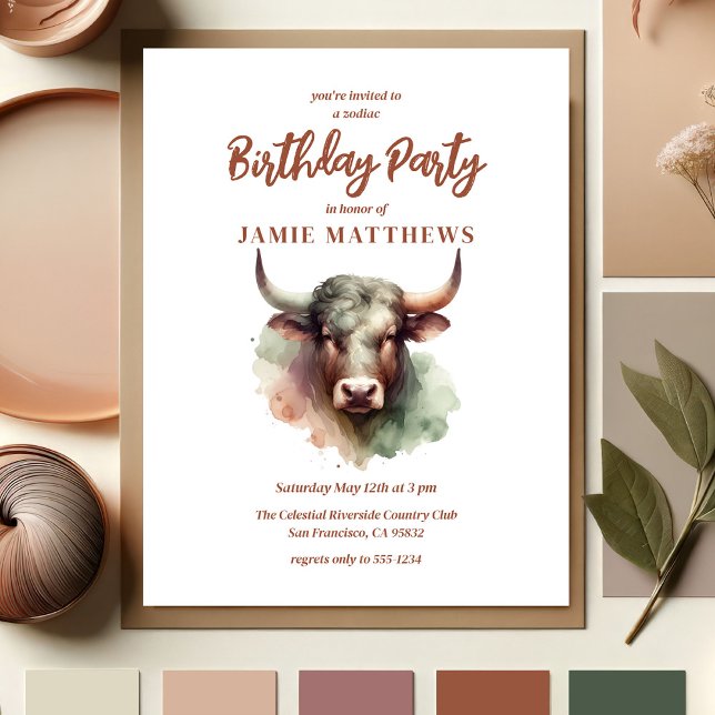 Taurus Bull Zodiac Themed Birthday Party Invitation Postcard (Plan Your Taurus Zodiac-Themed Party with Our Collection of Invitations, Decor, and Gifts!)