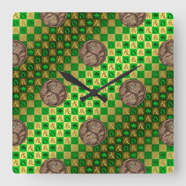 Taurus & Earth Dragon Square Wall Clock (Front)