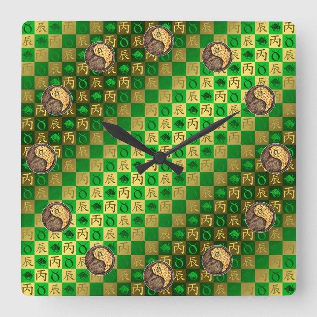 Taurus & Fire Dragon Square Wall Clock (Front)
