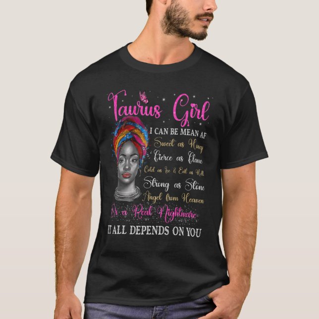 Taurus Girl Black Queen Zodiac Birthday Afro Natur T-Shirt (Front)