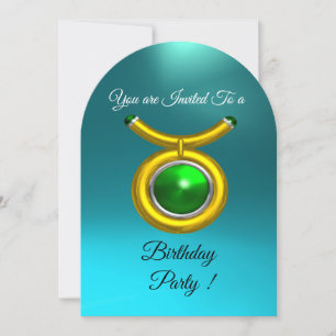 TAURUS,GOLD,GREEN ,AQUA BLUE ZODIAC BIRTHDAY PARTY INVITATION
