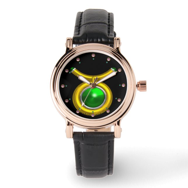 TAURUS GOLD ZODIAC BIRTHDAY JEWEL,Green ,Black Watch (Front)