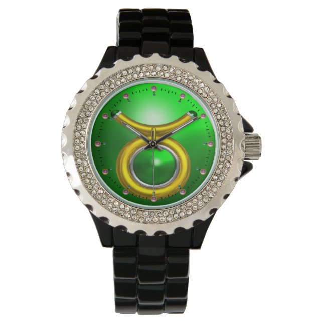 TAURUS GOLD ZODIAC BIRTHDAY JEWEL,Green Emerald Watch (Front)