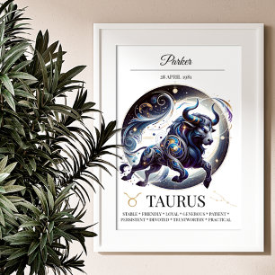 Taurus Personalised Elegant Zodiac Watercolor Poster