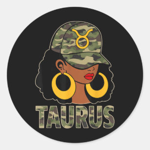 Taurus Queen Black Woman Cap Camoflauge Afro Girl  Classic Round Sticker