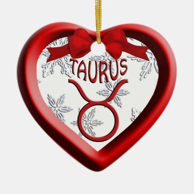 Taurus Red Heart Snowflake Christmas Ornament (Front)