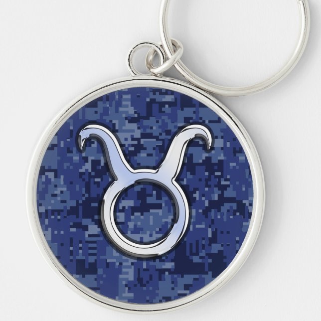 Taurus Sign on Navy Blue Digital Camouflage Key Ring (Front)