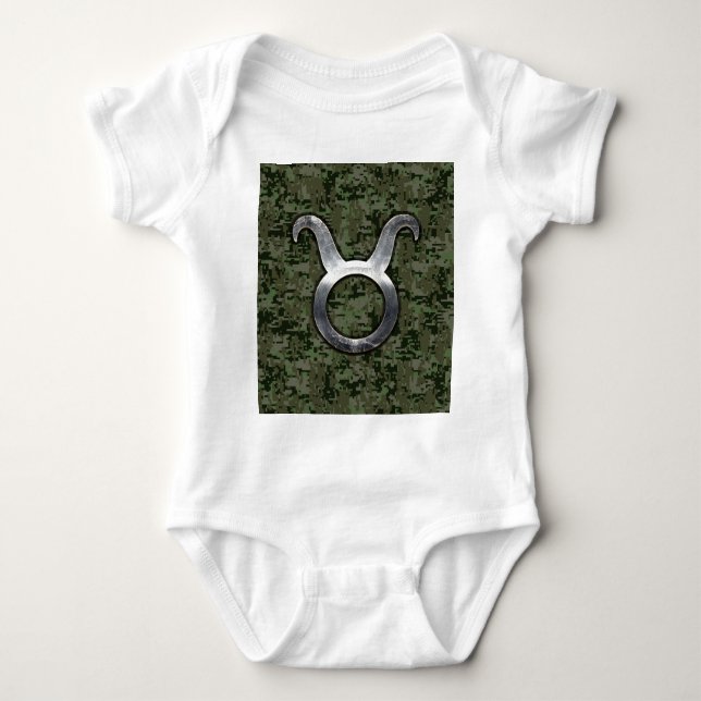 Taurus Sign on Woodland Green Digital Camouflage Baby Bodysuit (Front)