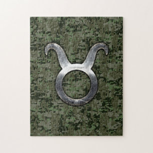 Taurus Sign on Woodland Green Digital Camouflage Jigsaw Puzzle