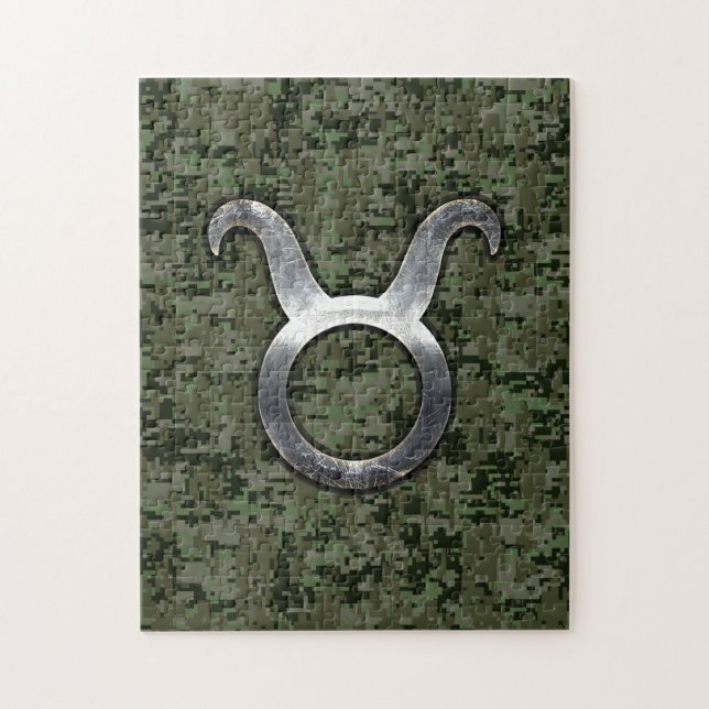 Taurus Sign on Woodland Green Digital Camouflage Jigsaw Puzzle (Vertical)