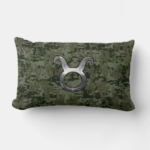 Taurus Sign on Woodland Green Digital Camouflage Lumbar Cushion