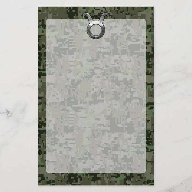 Taurus Sign on Woodland Green Digital Camouflage Stationery (Front)