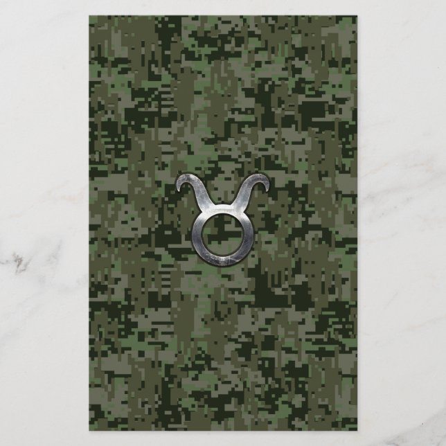 Taurus Sign on Woodland Green Digital Camouflage Stationery (Front)