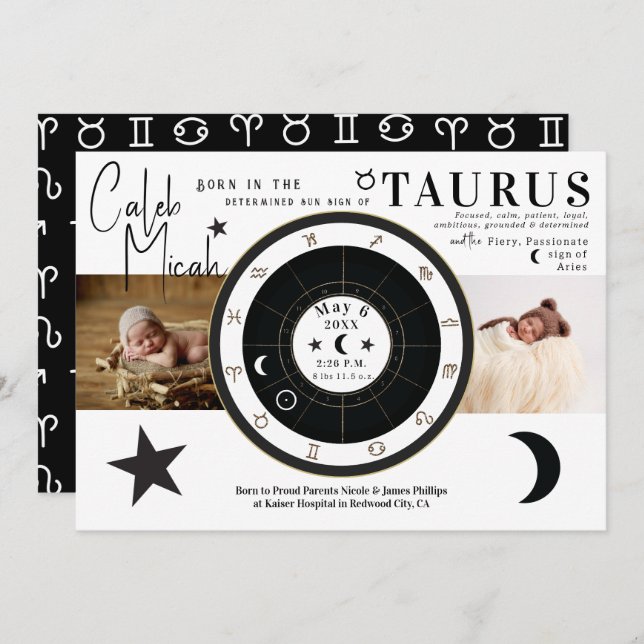 Taurus Sun & Moon Sign Zodiac Birth Announcement (Front/Back)