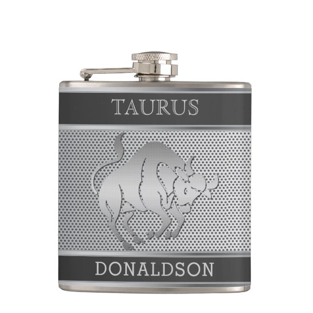 Taurus the Bull in Black and Silver Mesh Hip Flask (Front)