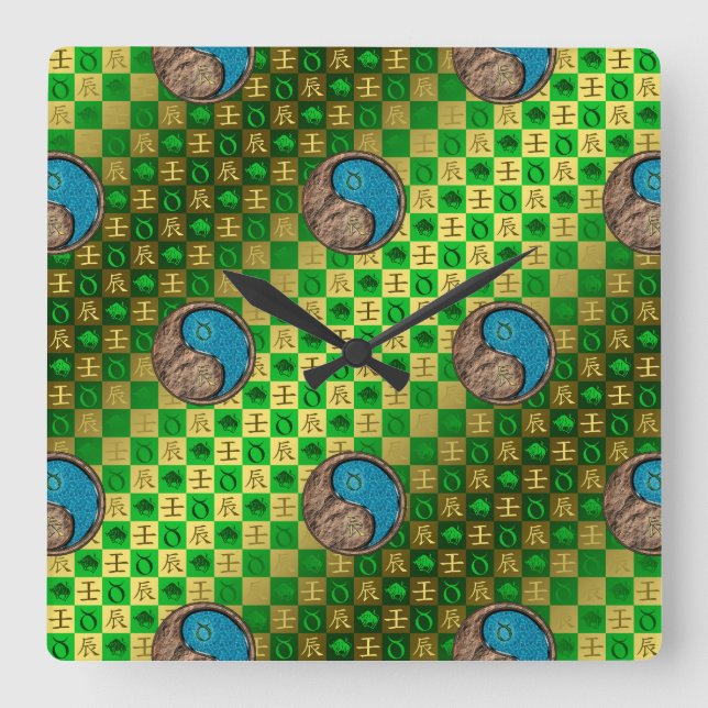 Taurus & Water Dragon Square Wall Clock (Front)