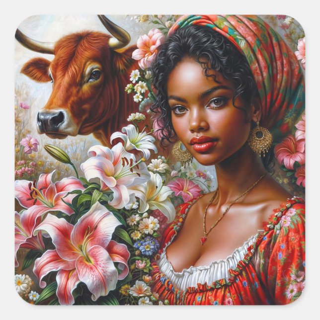 Taurus Woman With Bull Floral Square Sticker (Front)