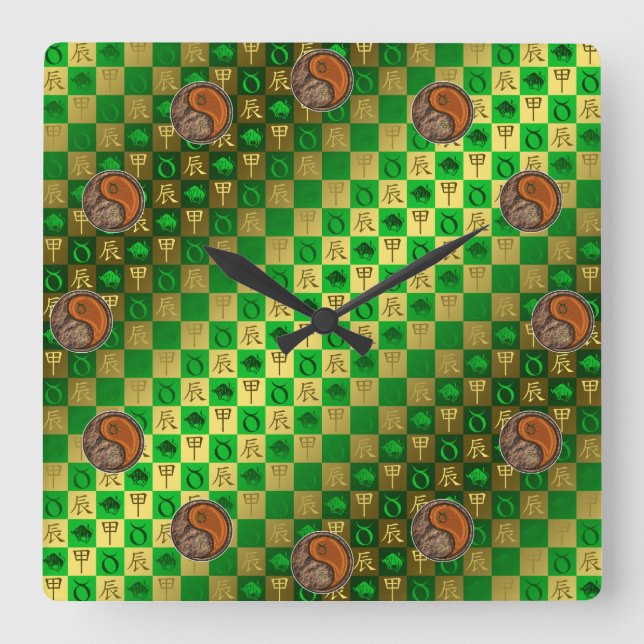 Taurus & Wood Dragon Square Wall Clock (Front)