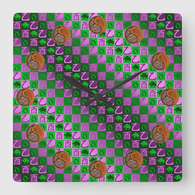 Taurus & Wood Rooster Square Wall Clock (Front)
