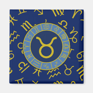Taurus Zodiac+Astrology Symbols Pattern Gold+Blues Magnet