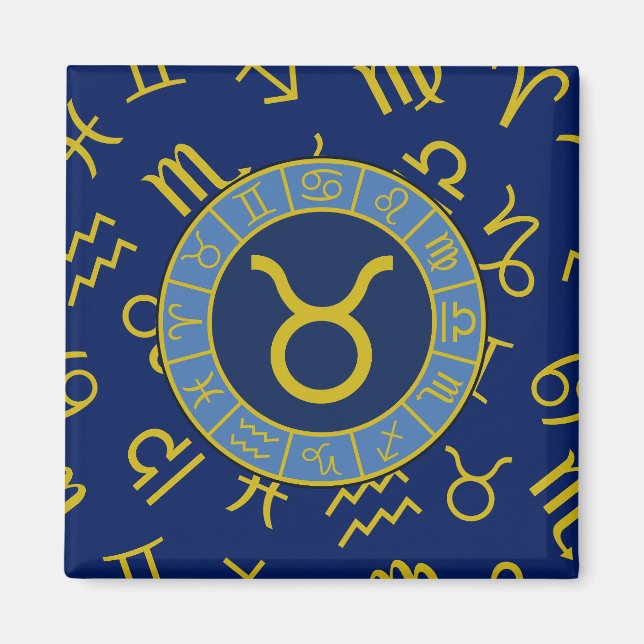 Taurus Zodiac+Astrology Symbols Pattern Gold+Blues Magnet (Front)