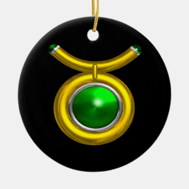 TAURUS ZODIAC BIRTHDAY JEWEL GREEN EMERALD Gold Ceramic Ornament (Front)