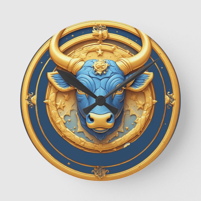 Taurus Zodiac Bull Emblem With Gold Ring Round Clock (Front)