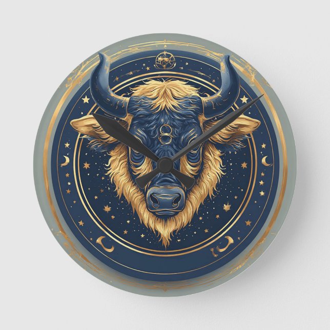 Taurus Zodiac Bull Emblem With Gold Ring Round Clock (Front)