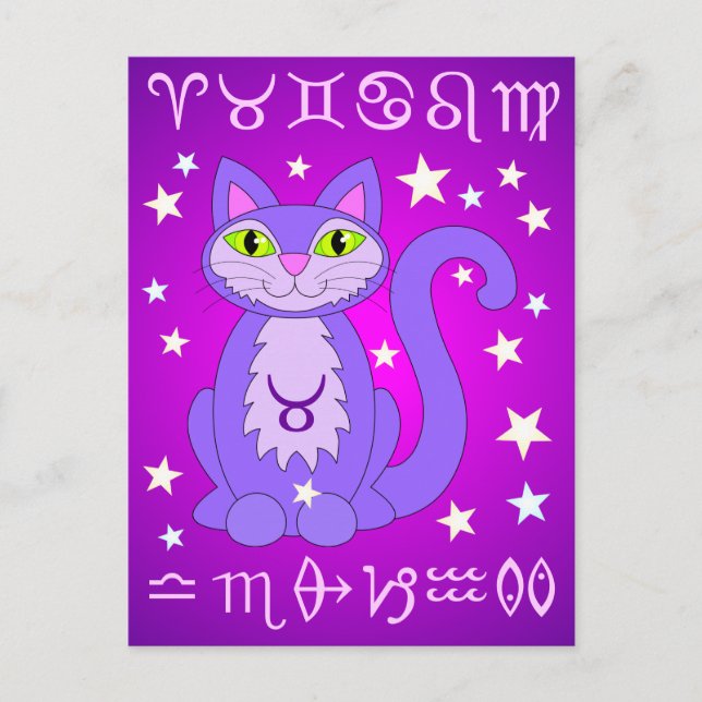 Taurus Zodiac Cat Purple Postcards (Front)