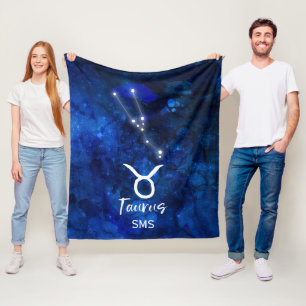 Taurus Zodiac Constellation Blue Galaxy Monogram Fleece Blanket