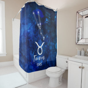 Taurus Zodiac Constellation Blue Galaxy Monogram Shower Curtain