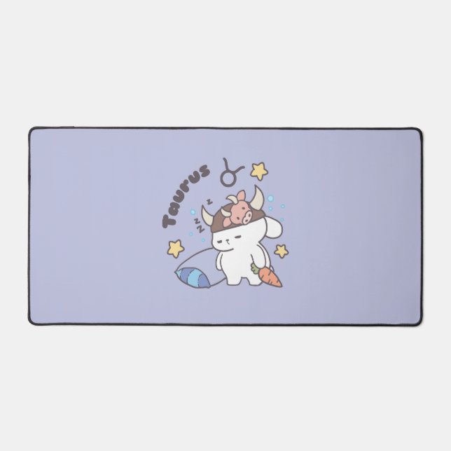 Taurus Zodiac Dreamer - Cute Sleepy Bunny Desk Mat (Front)