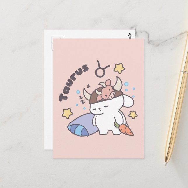 Taurus Zodiac Dreamer - Cute Sleepy Bunny Postcard (Front/Back In Situ)
