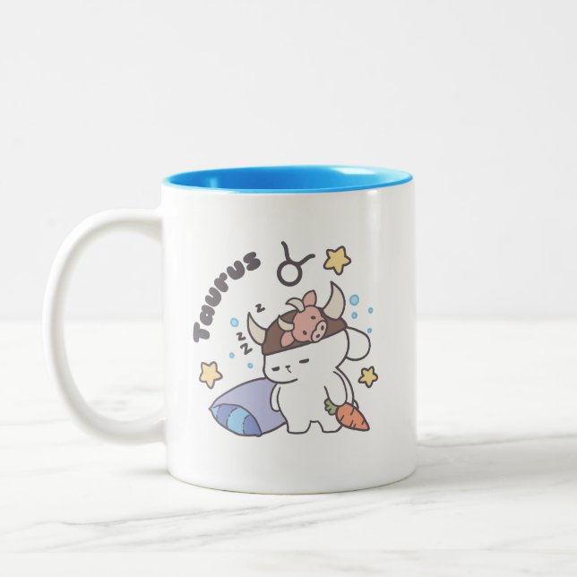 Taurus Zodiac Dreamer - Cute Sleepy Bunny Two-Tone Coffee Mug (Left)