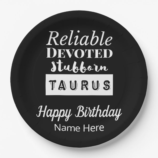 Taurus Zodiac Fun Characteristics Birthday Paper Plate (Front)