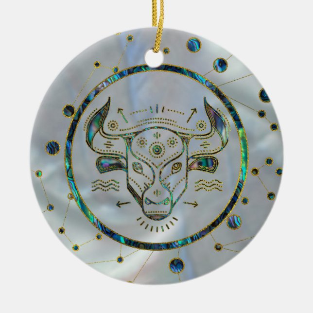 Taurus Zodiac Gold Abalone on Constellation Ceramic Tree Decoration (Front)