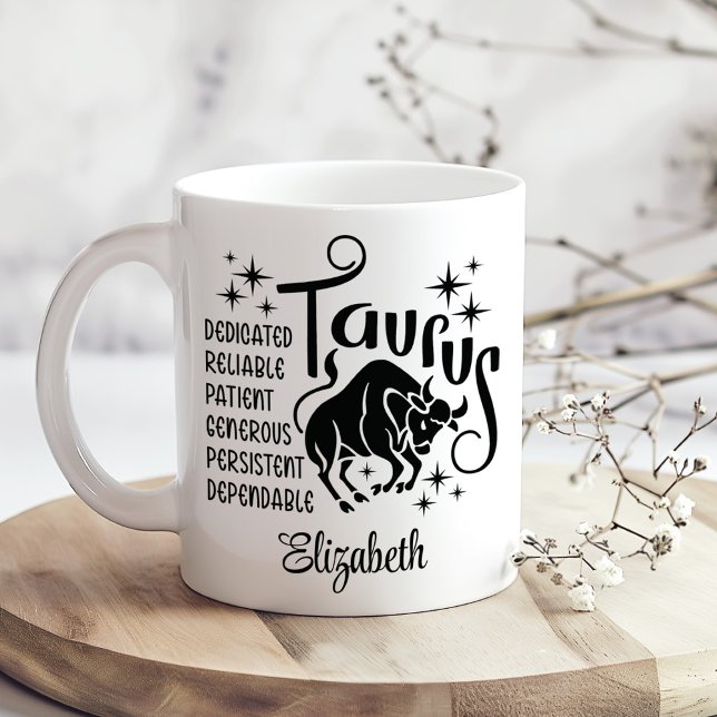Taurus Zodiac Horoscope Custom Name  Coffee Mug (Taurus Zodiac Horoscope Custom Name Coffee Mug on a boho wooden kitchen table.)